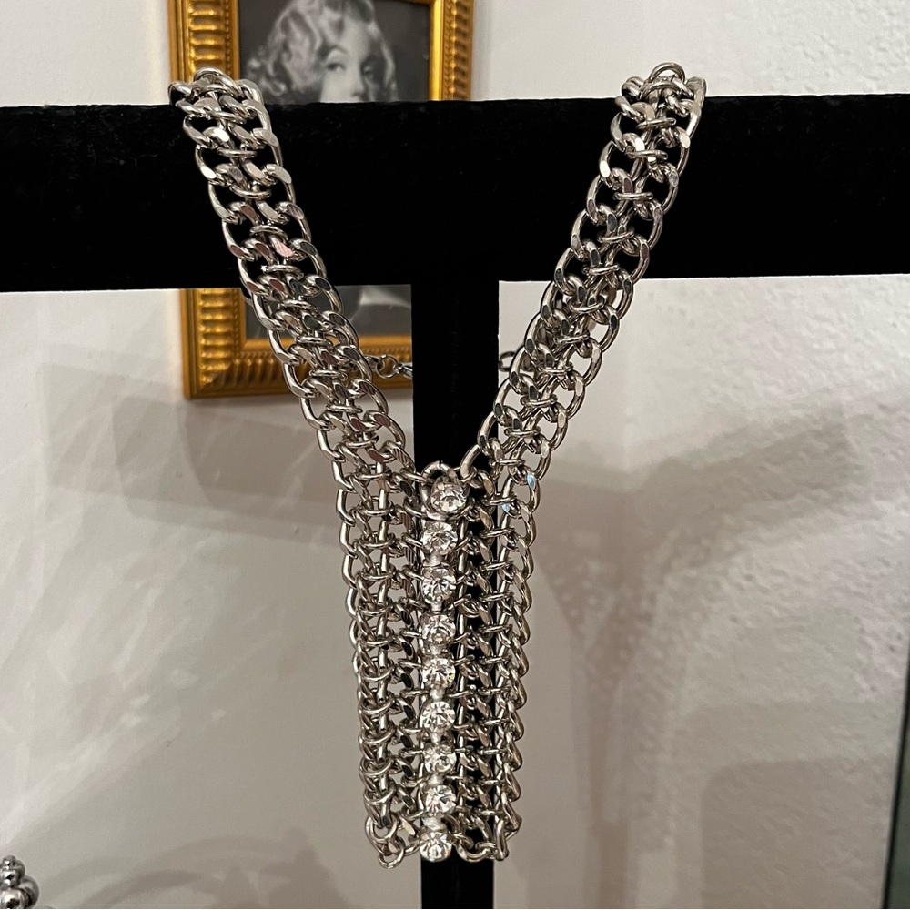 Double Row Simulated Silver Chained Necklace Drop Down Design with Rhinestones